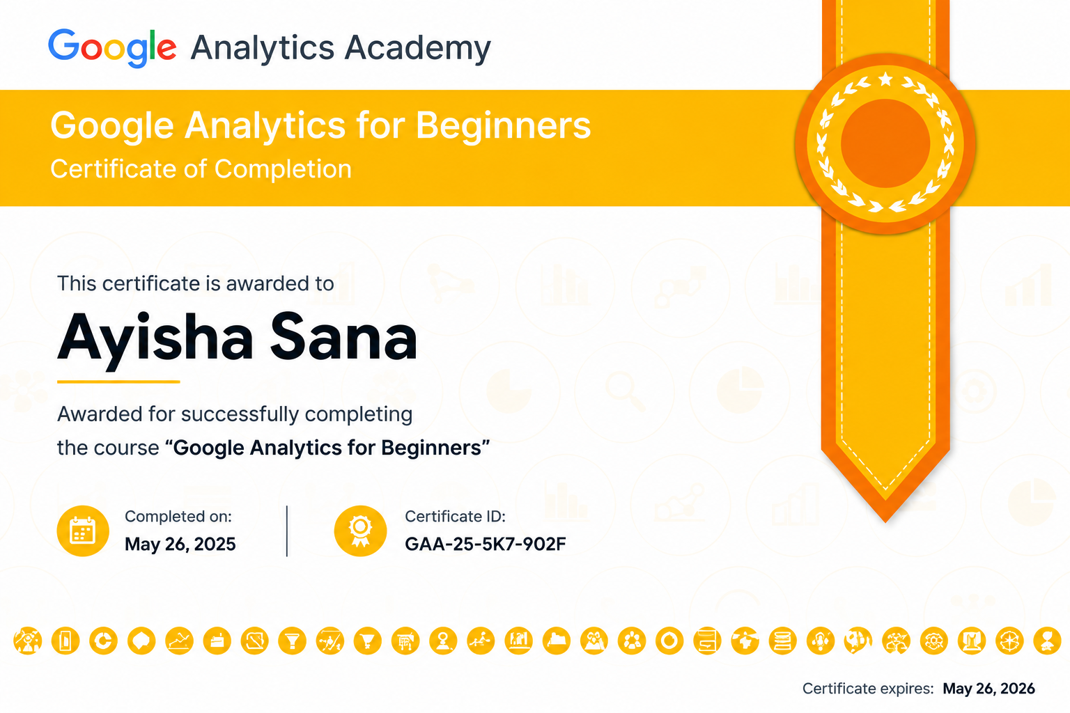 Google Analytics for Beginners certificate awarded to Ayisha Sana