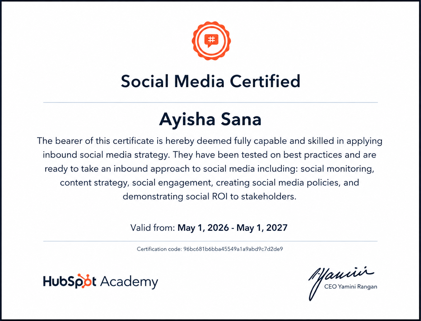 HubSpot Academy Social Media Certified certificate awarded to Ayisha Sana