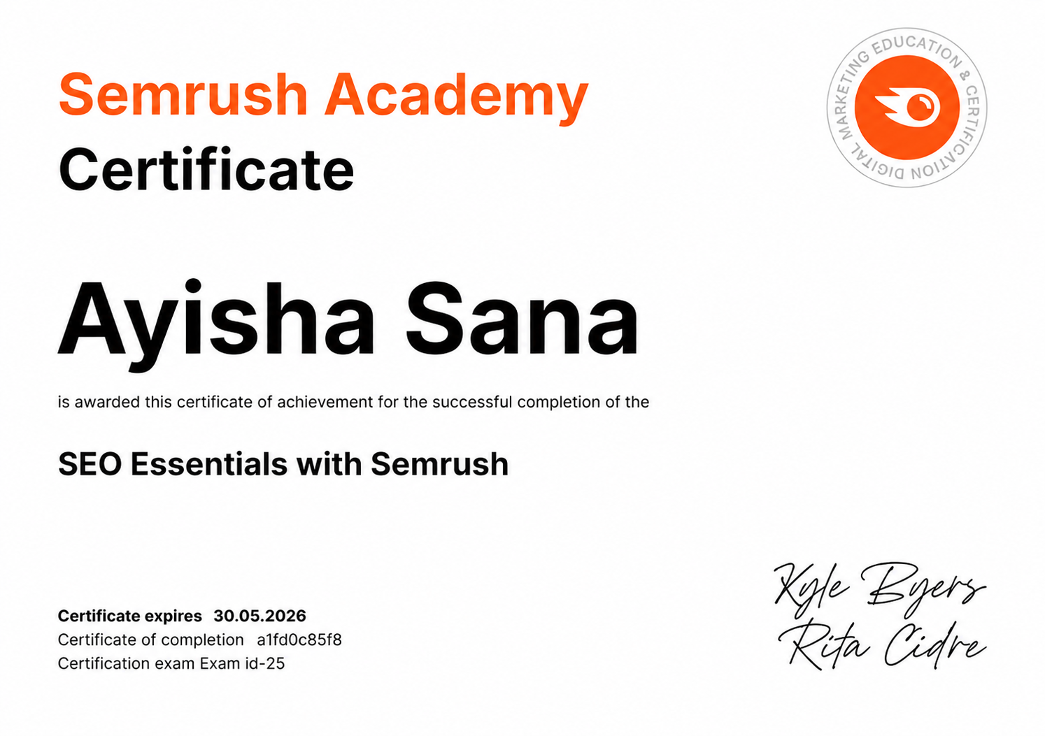 Semrush Academy SEO Essentials certificate awarded to Ayisha Sana
