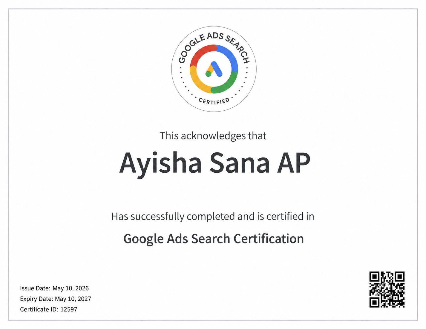 Google Ads Search certification awarded to Ayisha Sana AP