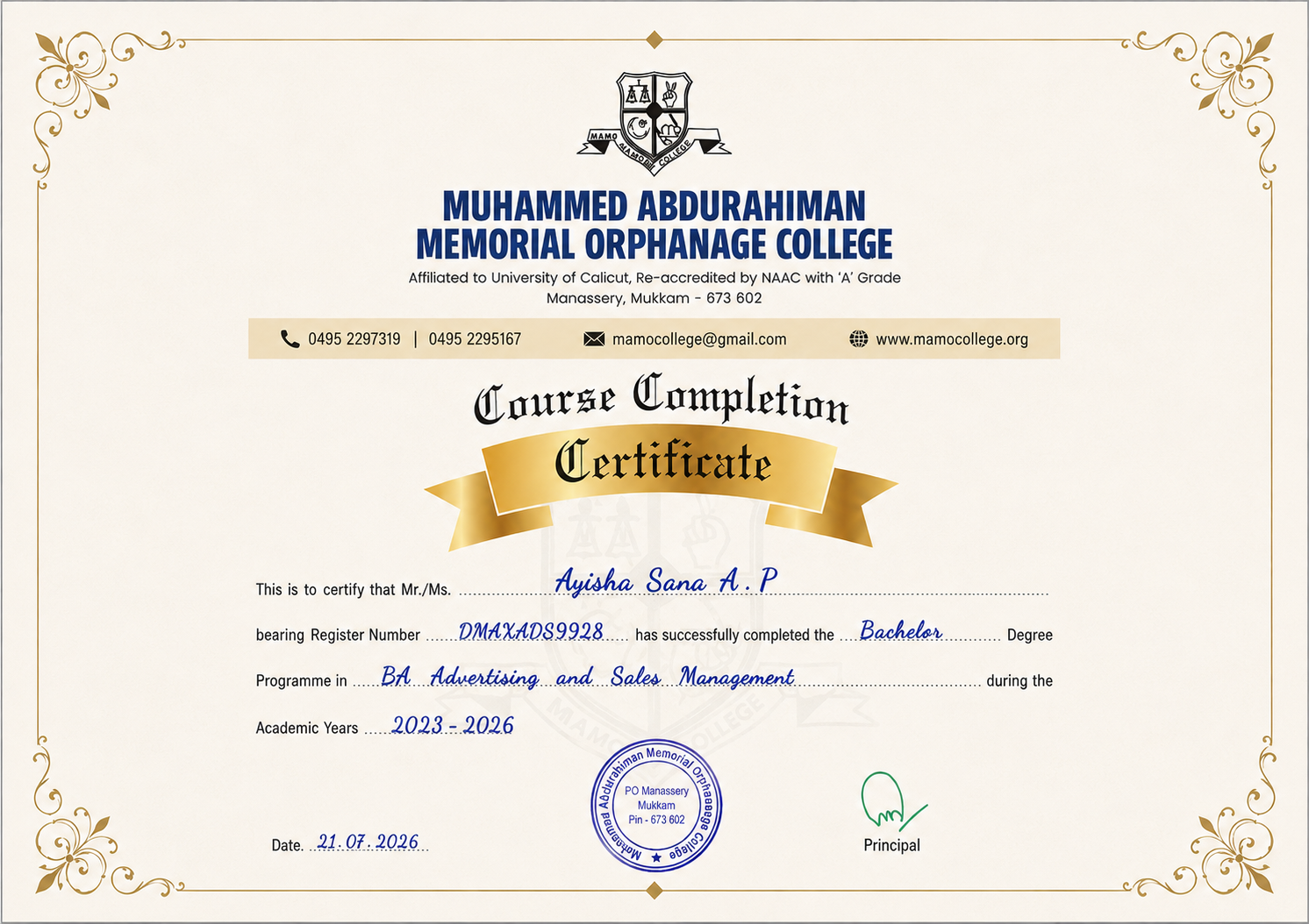 Bachelor of AdvertisingAnd Sales Management certificate  - MAMO College  issue, awarded to Ayisha Sana